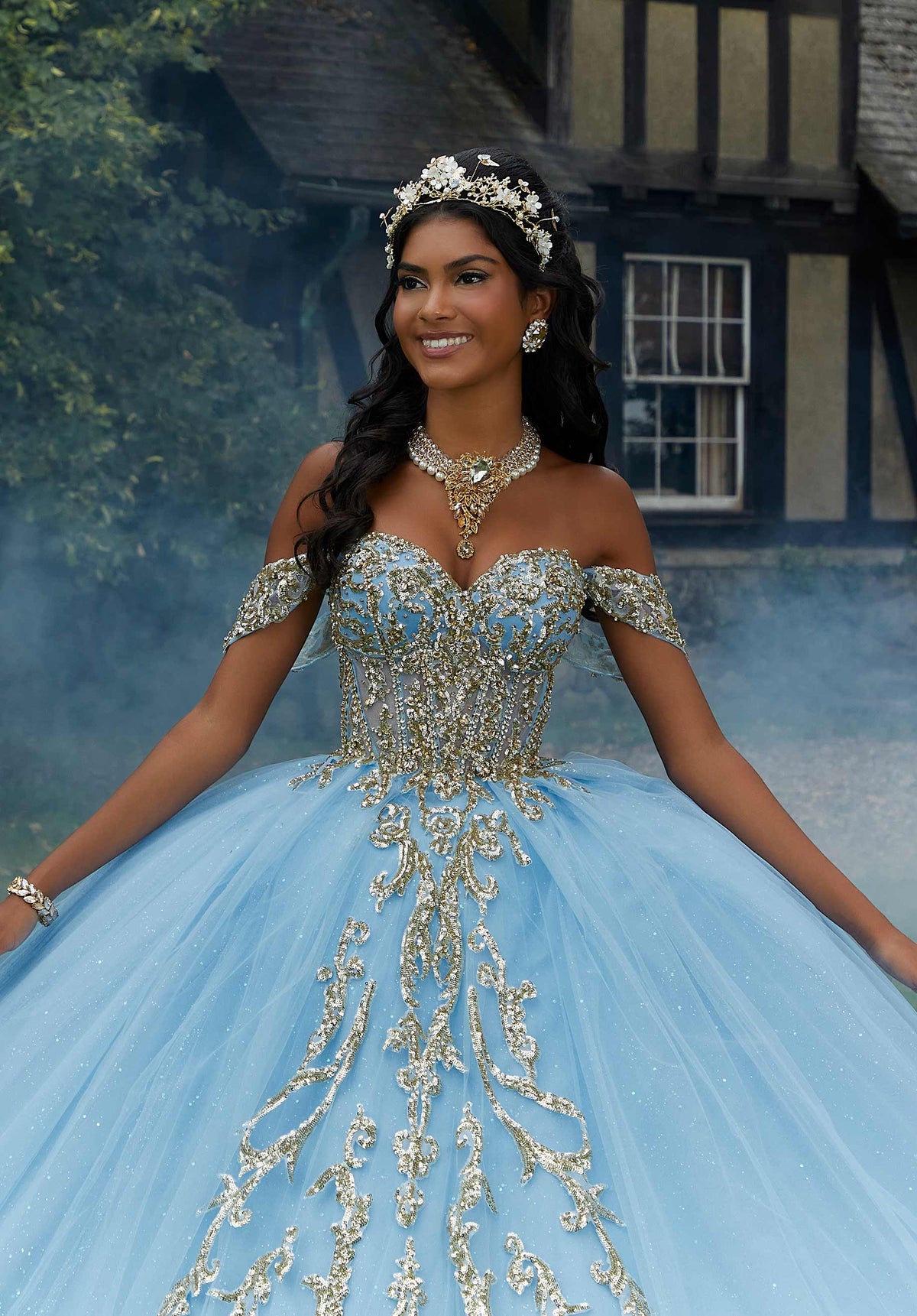 Vestido Quinceañera con Estampado de Lentejuelas, Diamantes de Imitación y Cuentas de Cristal