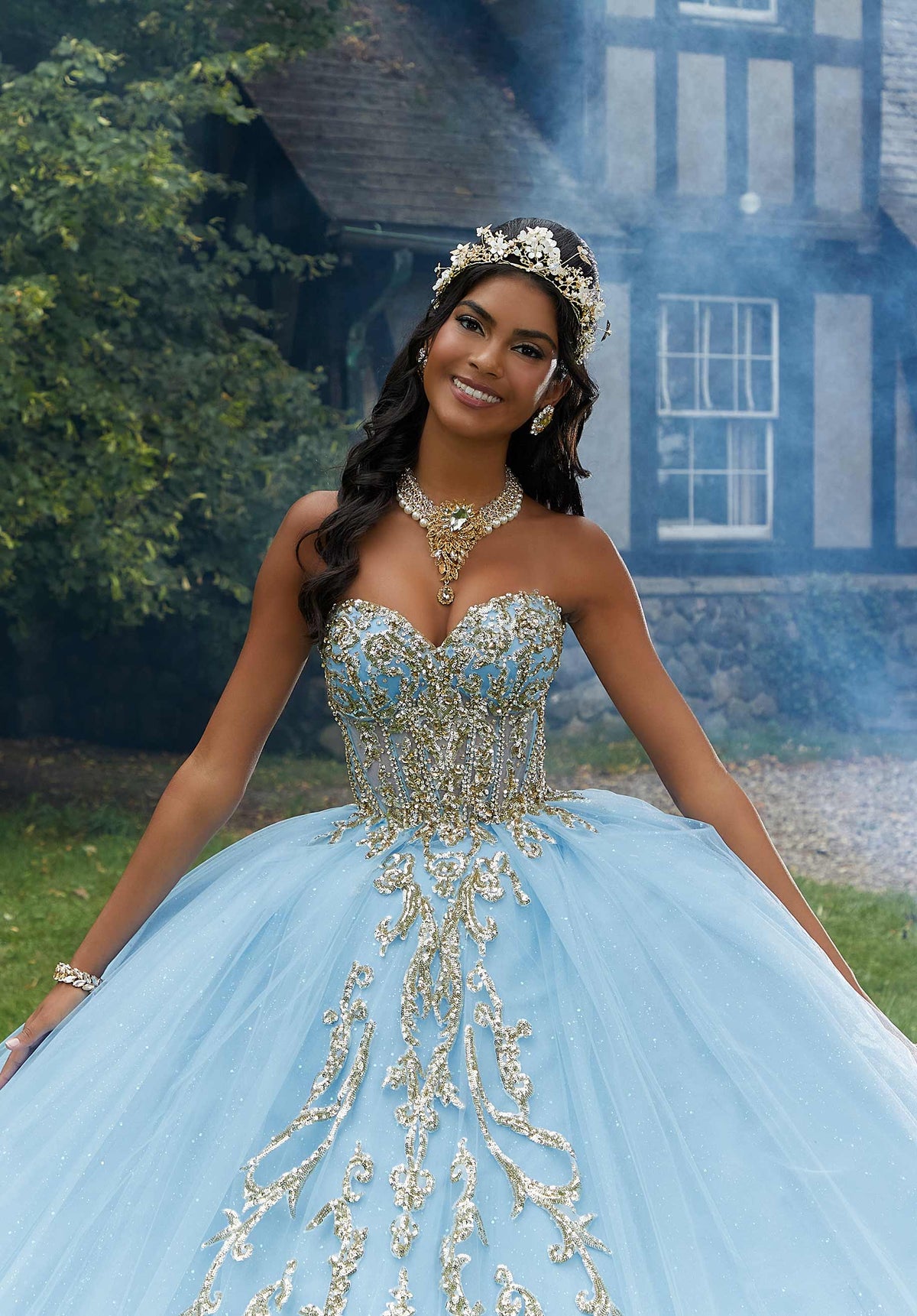 Vestido Quinceañera con Estampado de Lentejuelas, Diamantes de Imitación y Cuentas de Cristal