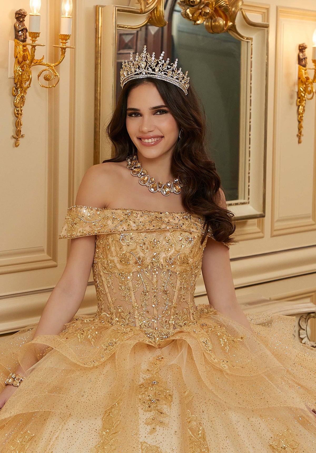 Vestido de quinceañera de encaje metálico con cuentas de cristal y diamantes de imitación